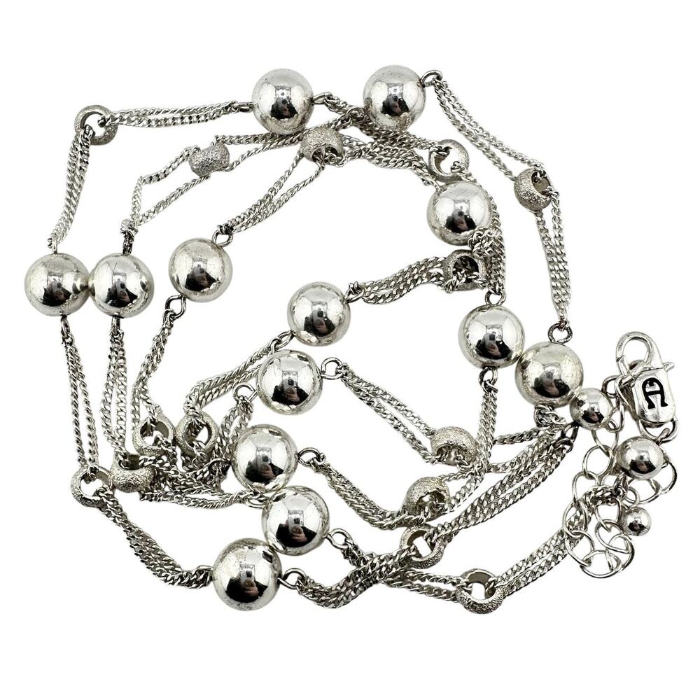 Etienne Aigner Designer Chrome Finish Beaded Extra Long Station 39" Necklace